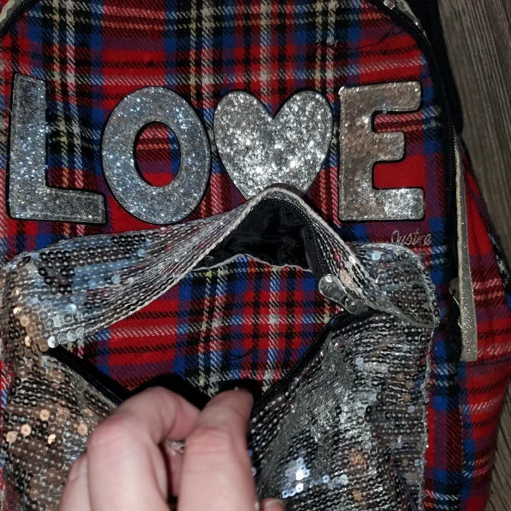 Justice Love Red Plaid Glitz Backpack